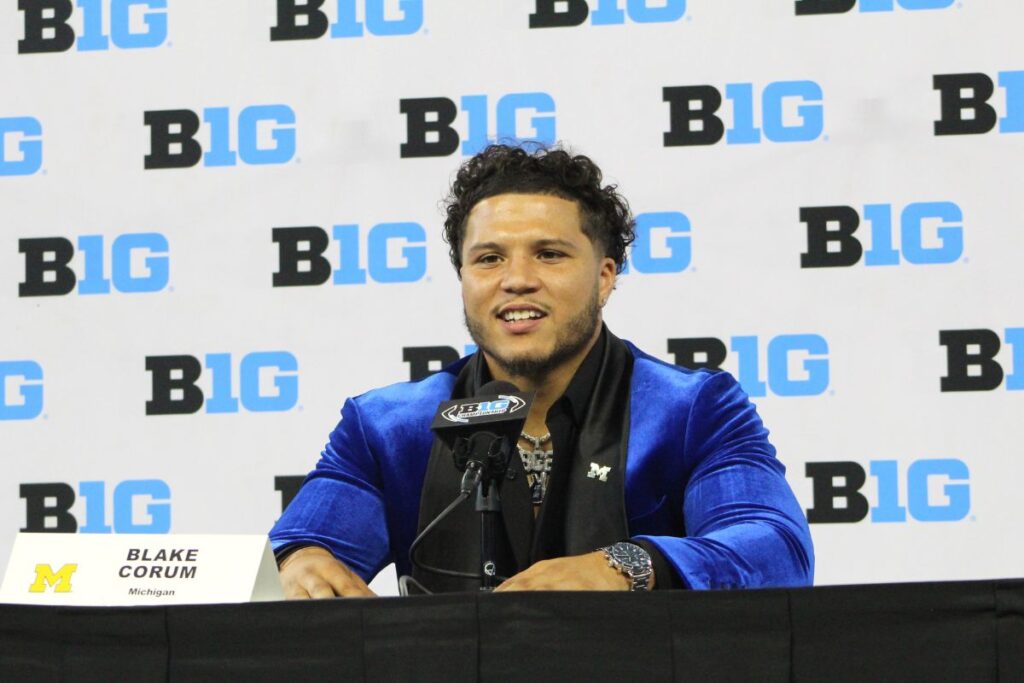 Blake Corum addresses the media in Indianapolis at Big 10 media days.