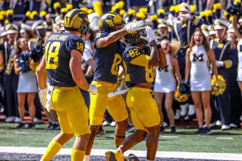 Michigan wide receiver, Semaj Morgan, celebrates his first touchdown against Rutgers.