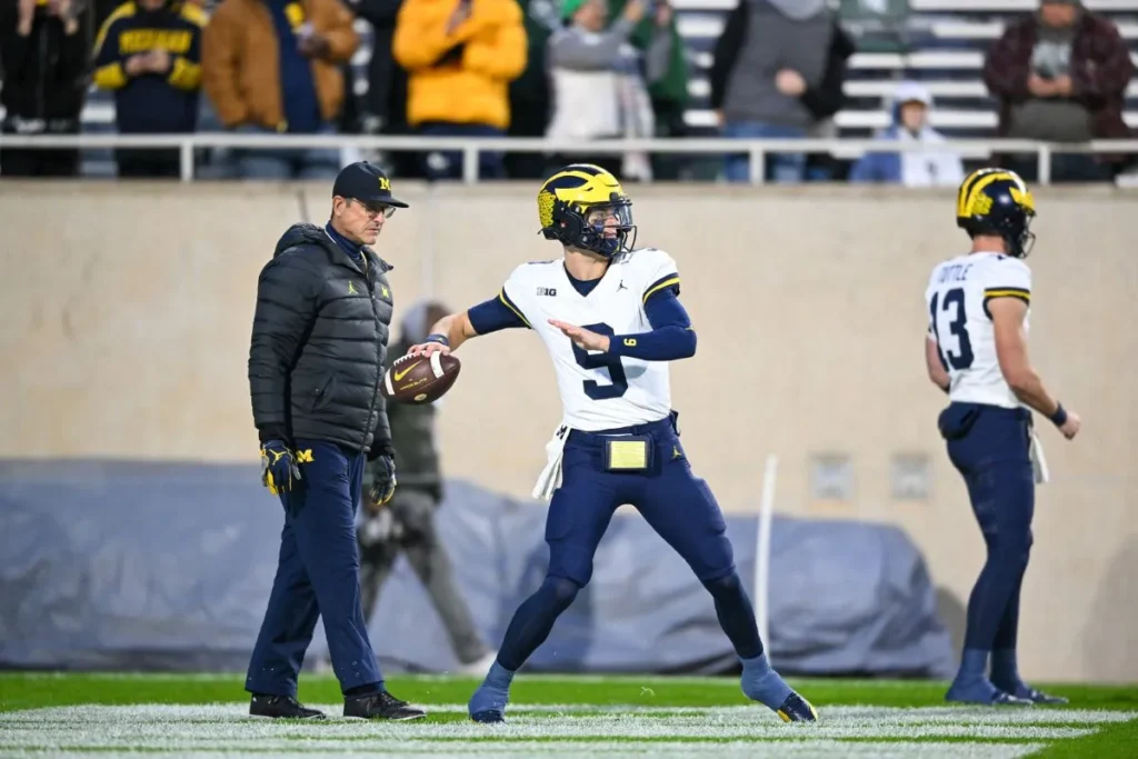 Jim Harbaugh and JJ McCarthy preparing for their game against Michigan State just days after the sign-stealing allegations were leaked. Photo: Michigan Football on "X"
